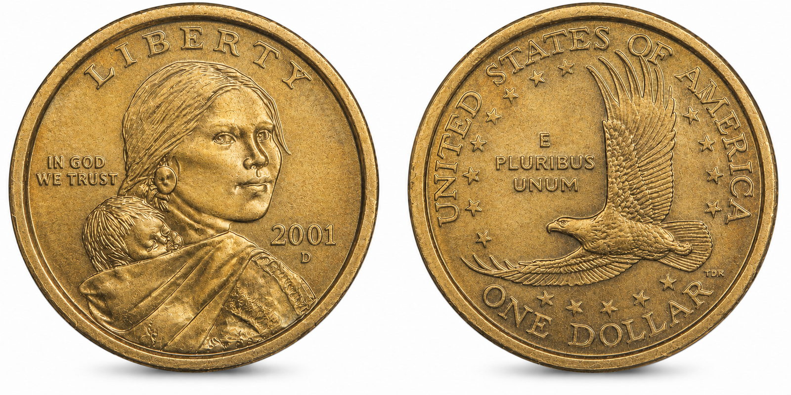 2001-D Sacagawea Golden Dollar obverse and standard eagle reverse