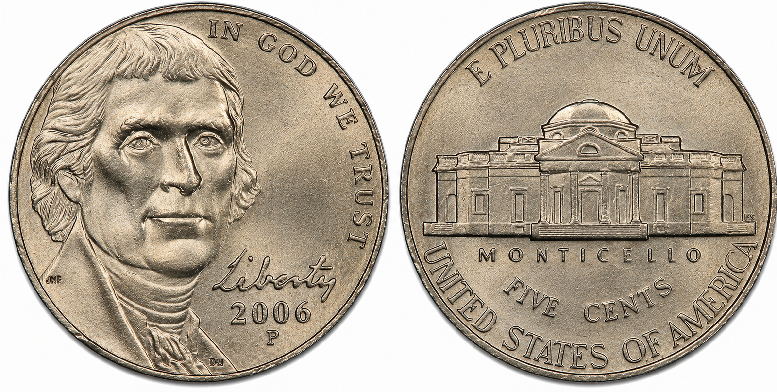 2006-P Jefferson Nickel forward-facing portrait obverse and Monticello reverse