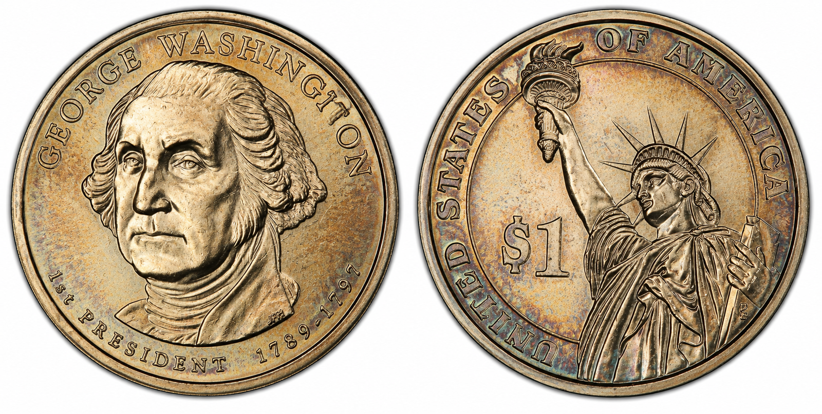 George Washington Presidential $1 coin obverse and Statue of Liberty reverse