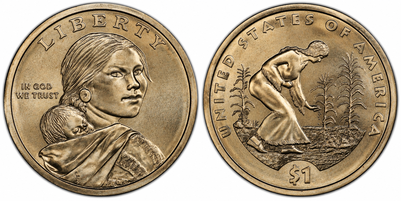Native American $1 coin Sacagawea obverse and agricultural reverse