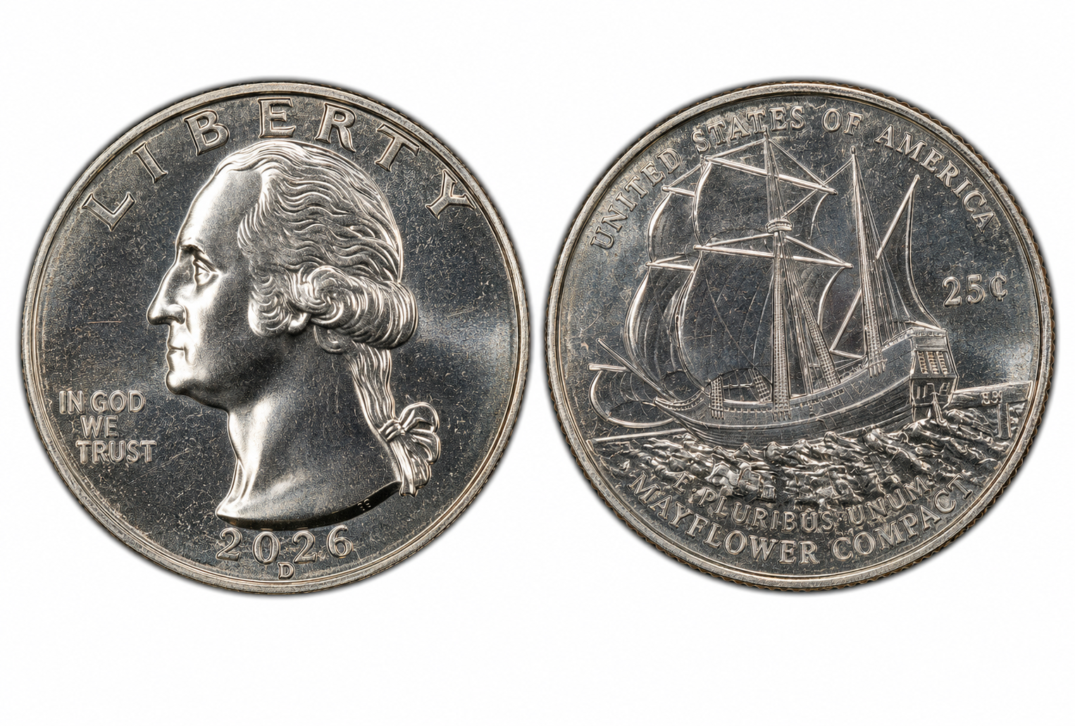 2026 Semiquincentennial Quarter obverse and Mayflower reverse