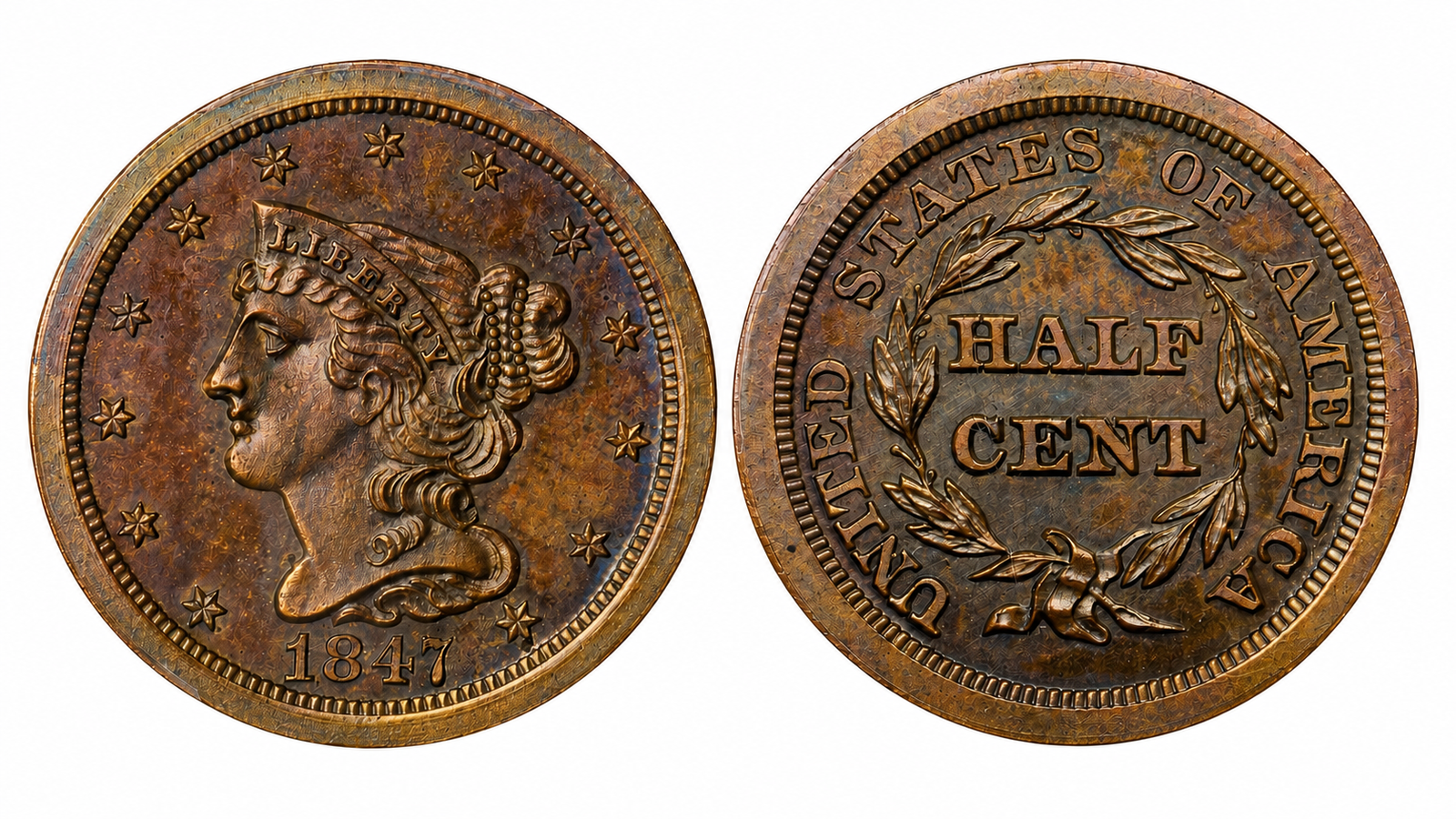 1847 Braided Hair Half Cent obverse and reverse