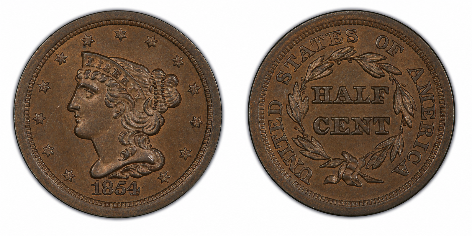 1854 Braided Hair Half Cent obverse and reverse