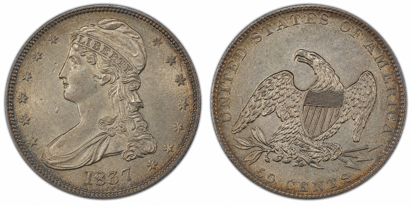 1837 Capped Bust Half Dollar Reeded Edge 50 CENTS obverse and reverse