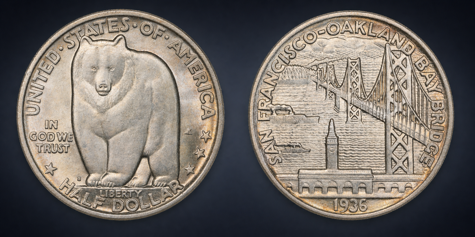 1936 San Francisco–Oakland Bay Bridge Half Dollar original obverse and reverse coin image
