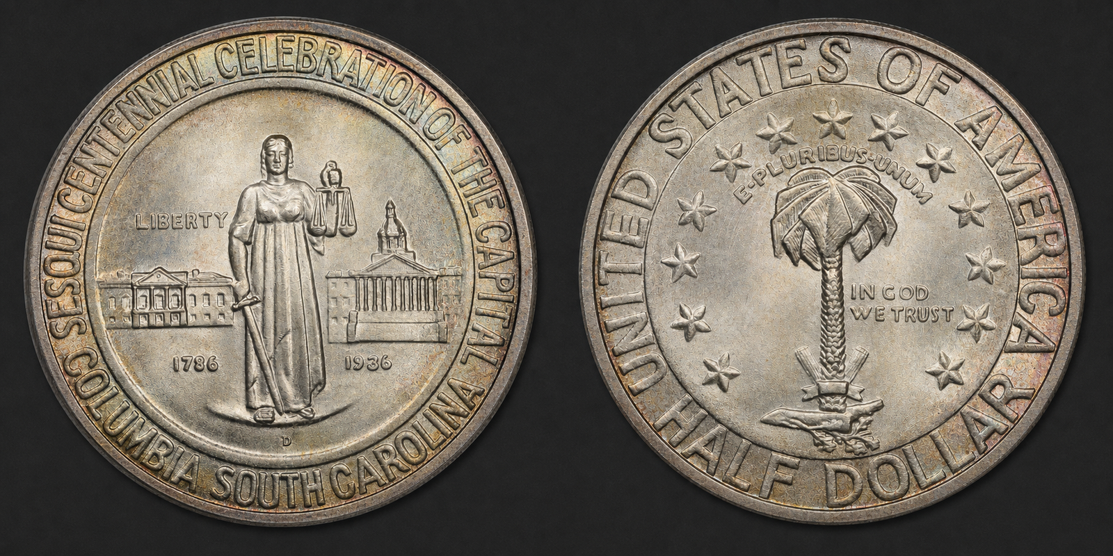 1936 Columbia, South Carolina Sesquicentennial Half Dollar original obverse and reverse coin image
