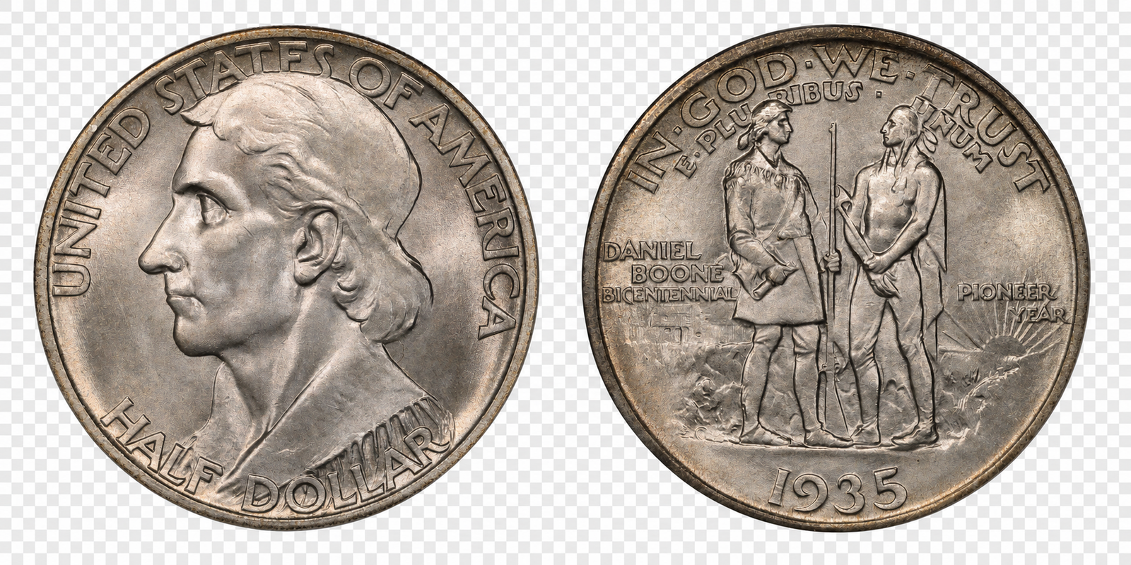 1934–1938 Daniel Boone Bicentennial Half Dollar original obverse and reverse coin image