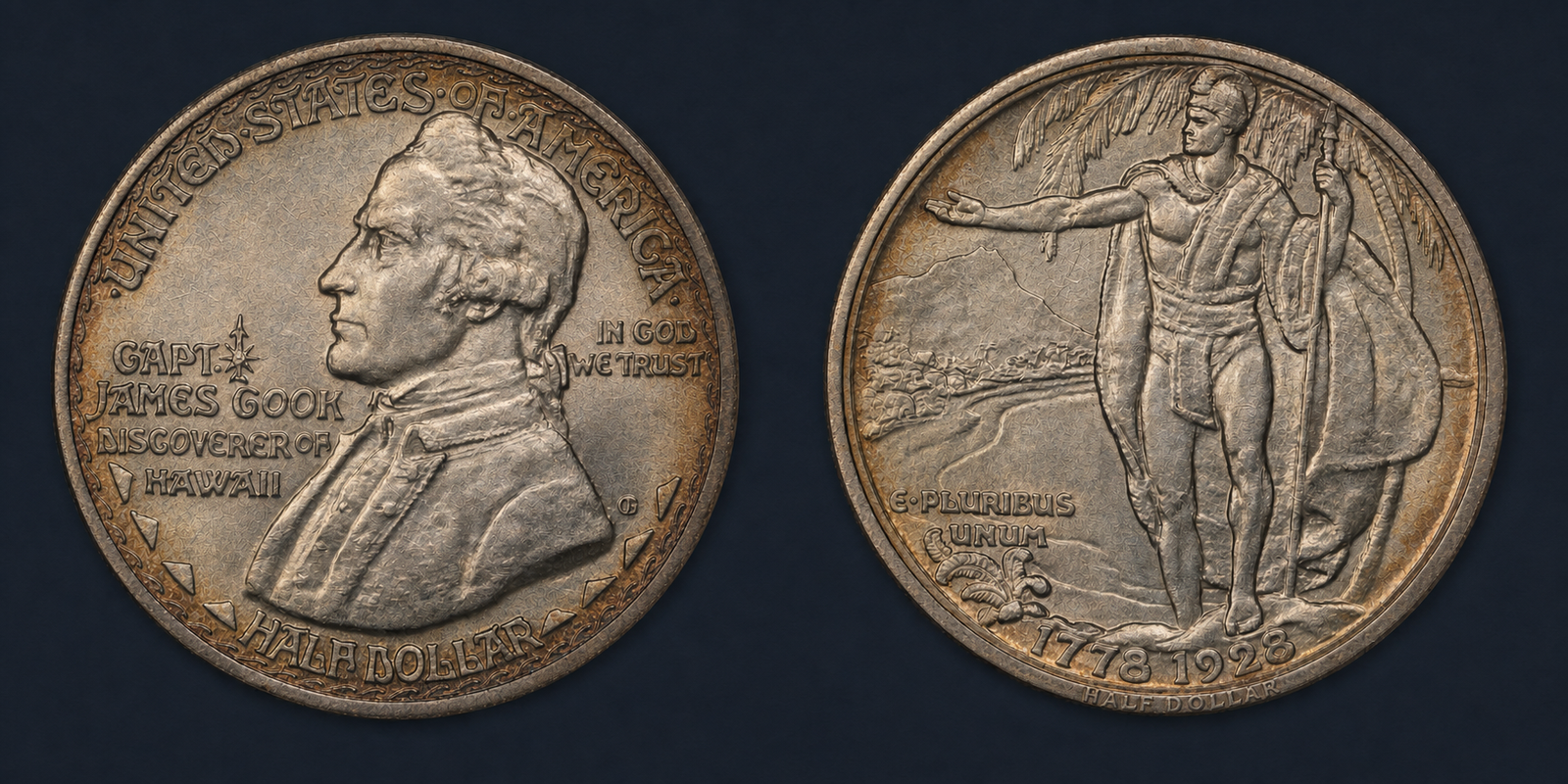 1928 Hawaiian Sesquicentennial Half Dollar original obverse and reverse coin image