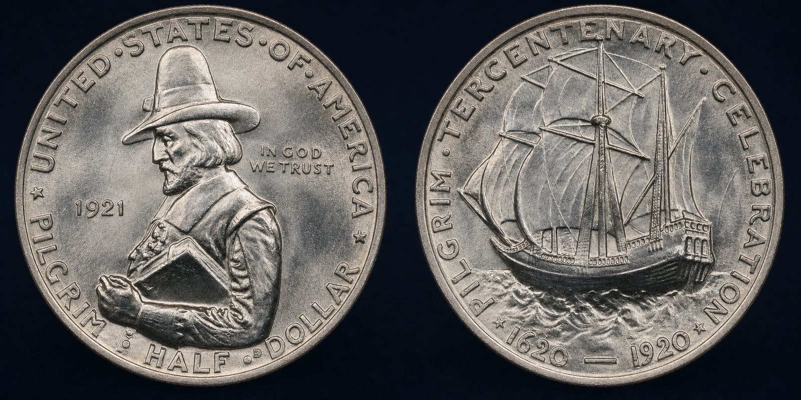 1920–1921 Pilgrim Tercentenary Half Dollar original obverse and reverse coin image