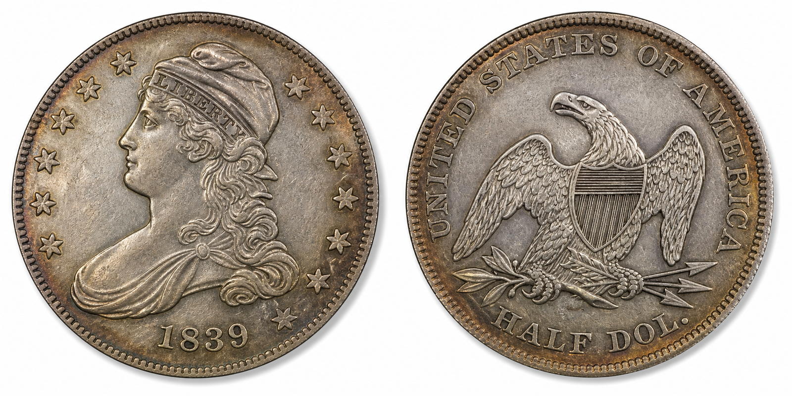 Warm-toned 1839 Capped Bust half dollar, obverse left and reverse right