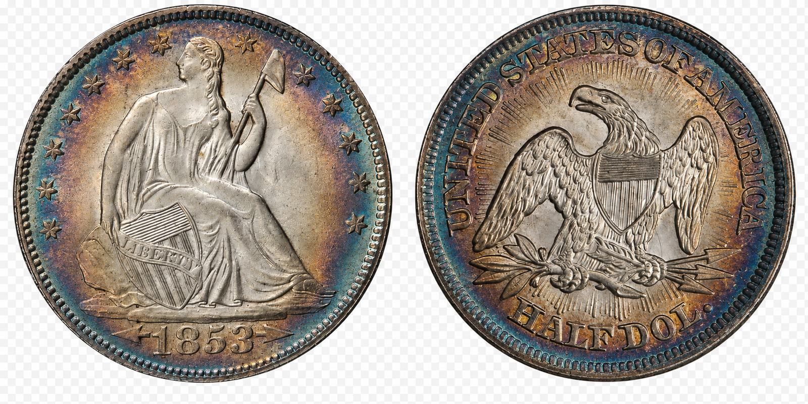 1853 Liberty Seated half dollar with arrows at date and rays on reverse, obverse left and reverse right