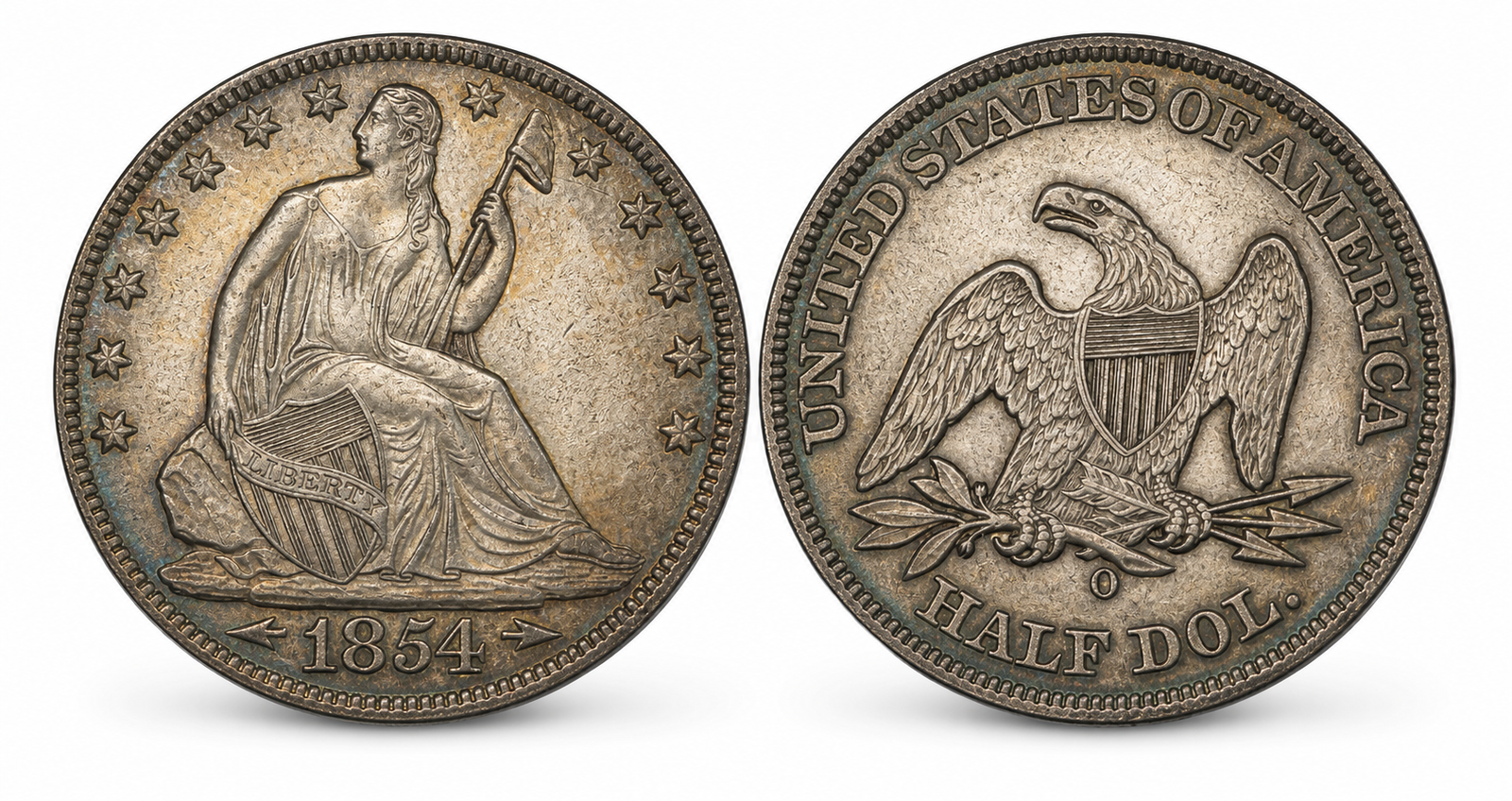 Toned 1854 Liberty Seated half dollar with arrows at date and rays removed, obverse left and reverse right