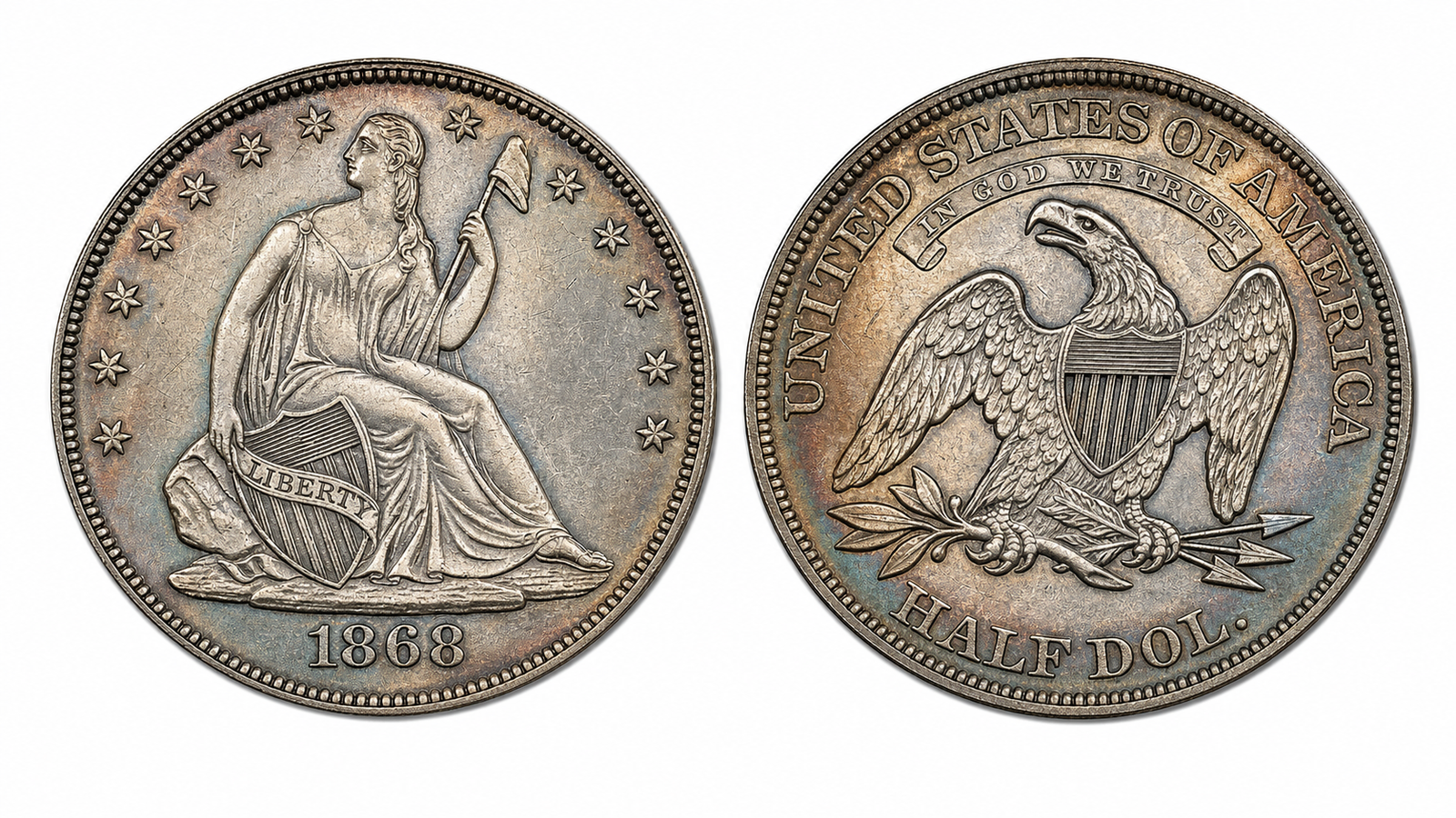 Toned 1868 Liberty Seated half dollar with In God We Trust motto, obverse left and reverse right