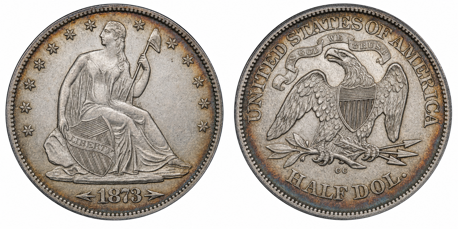 Toned 1873 Liberty Seated half dollar with arrows and motto, obverse left and reverse right