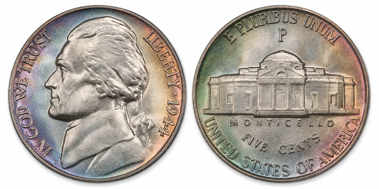 1942–1945: Jefferson Wartime Nickel (35% Silver Alloy with Large Mint Mark Above Dome)