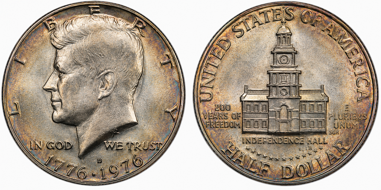 1776-1976-D Bicentennial Kennedy Half Dollar toned obverse and Independence Hall reverse