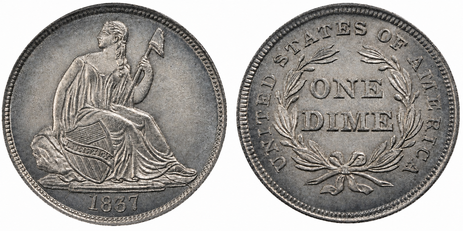 1837 Liberty Seated Dime Variety 1 No Stars obverse and reverse