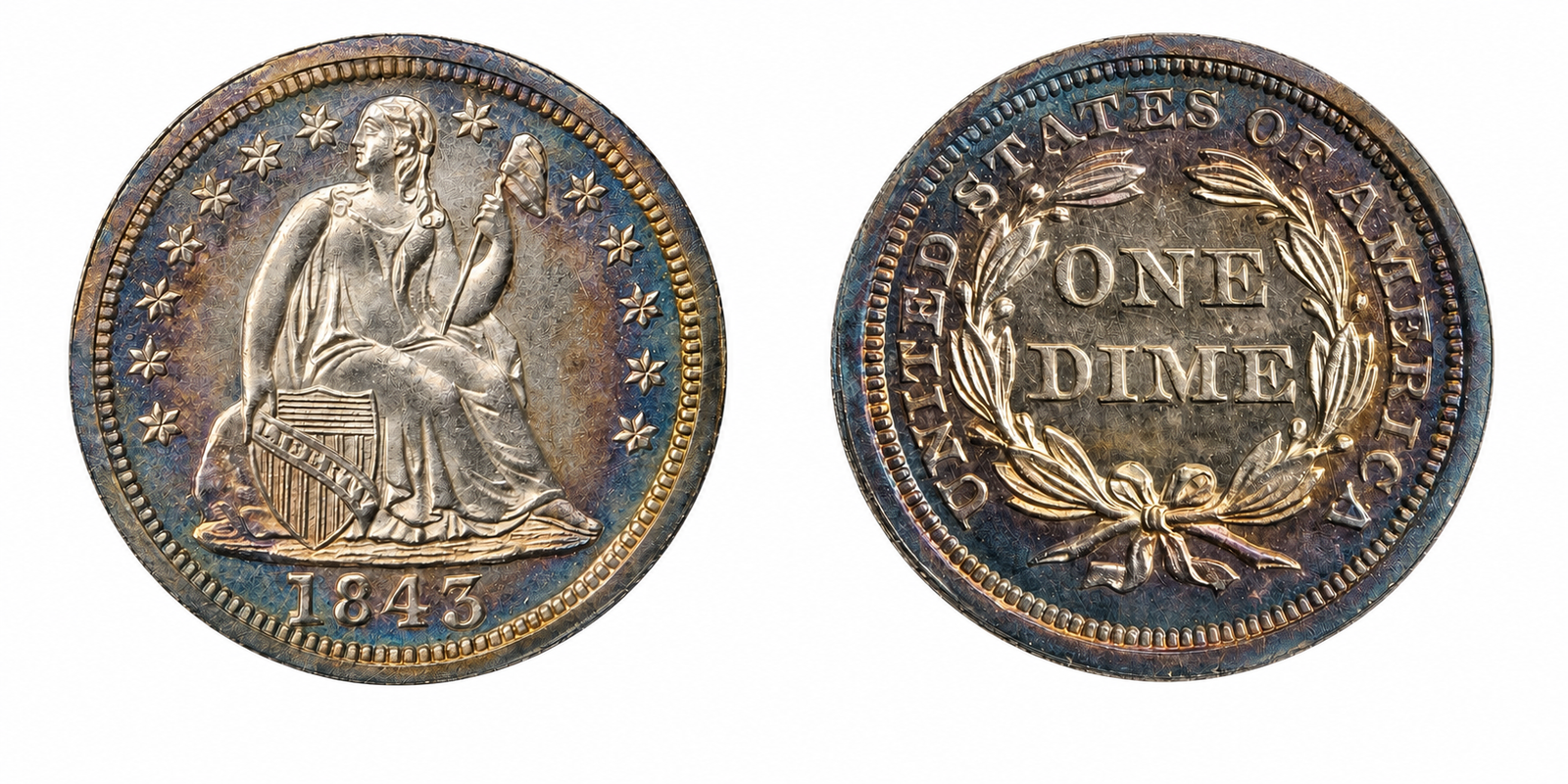 1843 Liberty Seated Dime Variety 2 Stars on Obverse obverse and reverse
