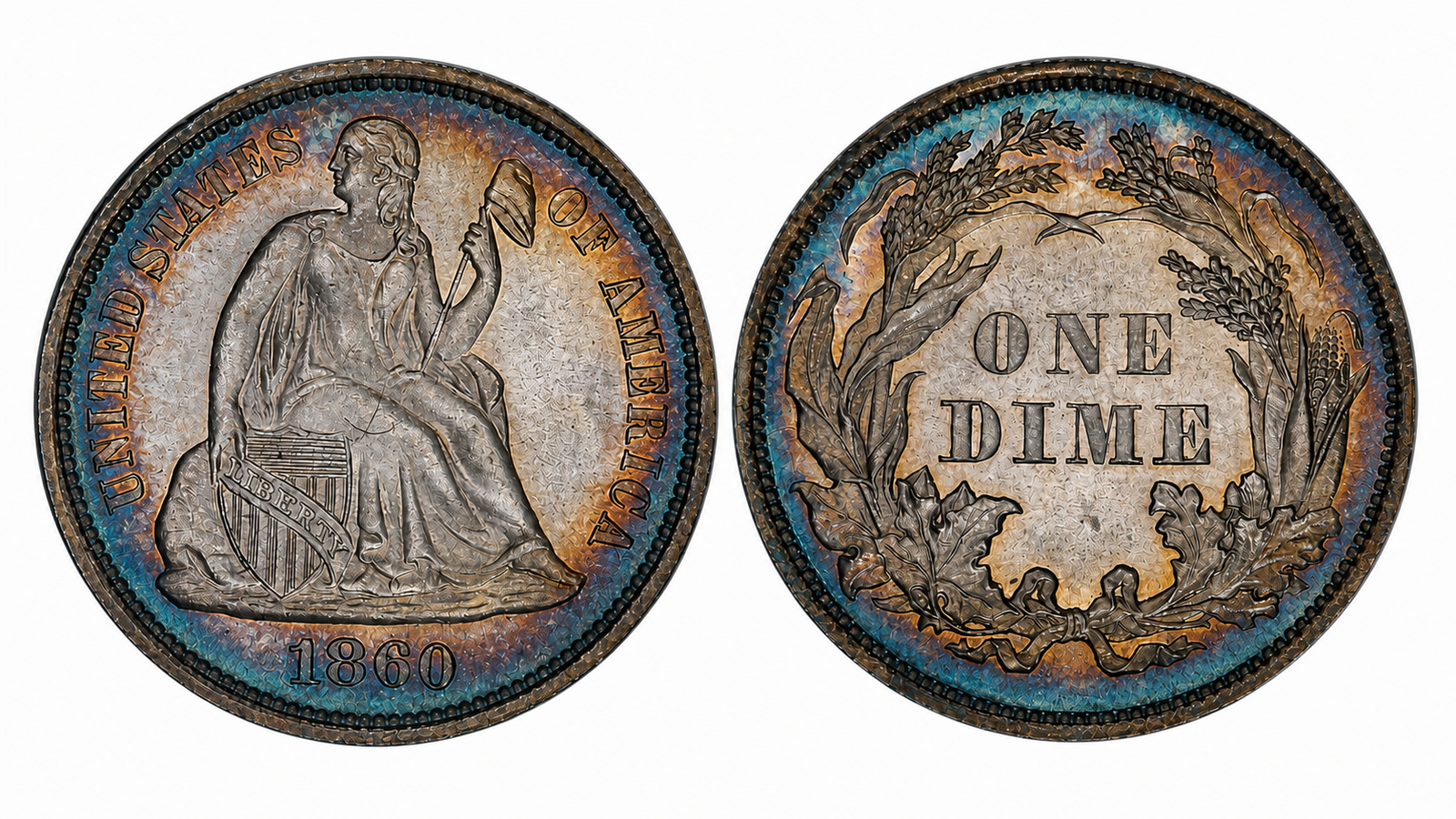 1860 Liberty Seated Dime Variety 3 Legend on Obverse obverse and reverse