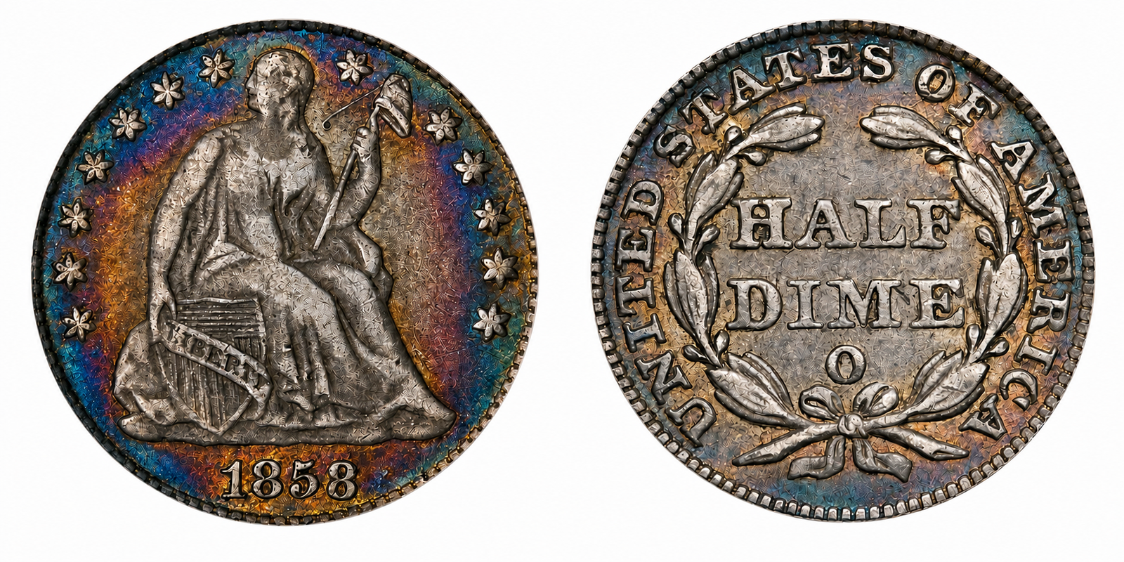 1858 Liberty Seated Silver Half Dime Stars on Obverse Arrows Removed obverse and reverse