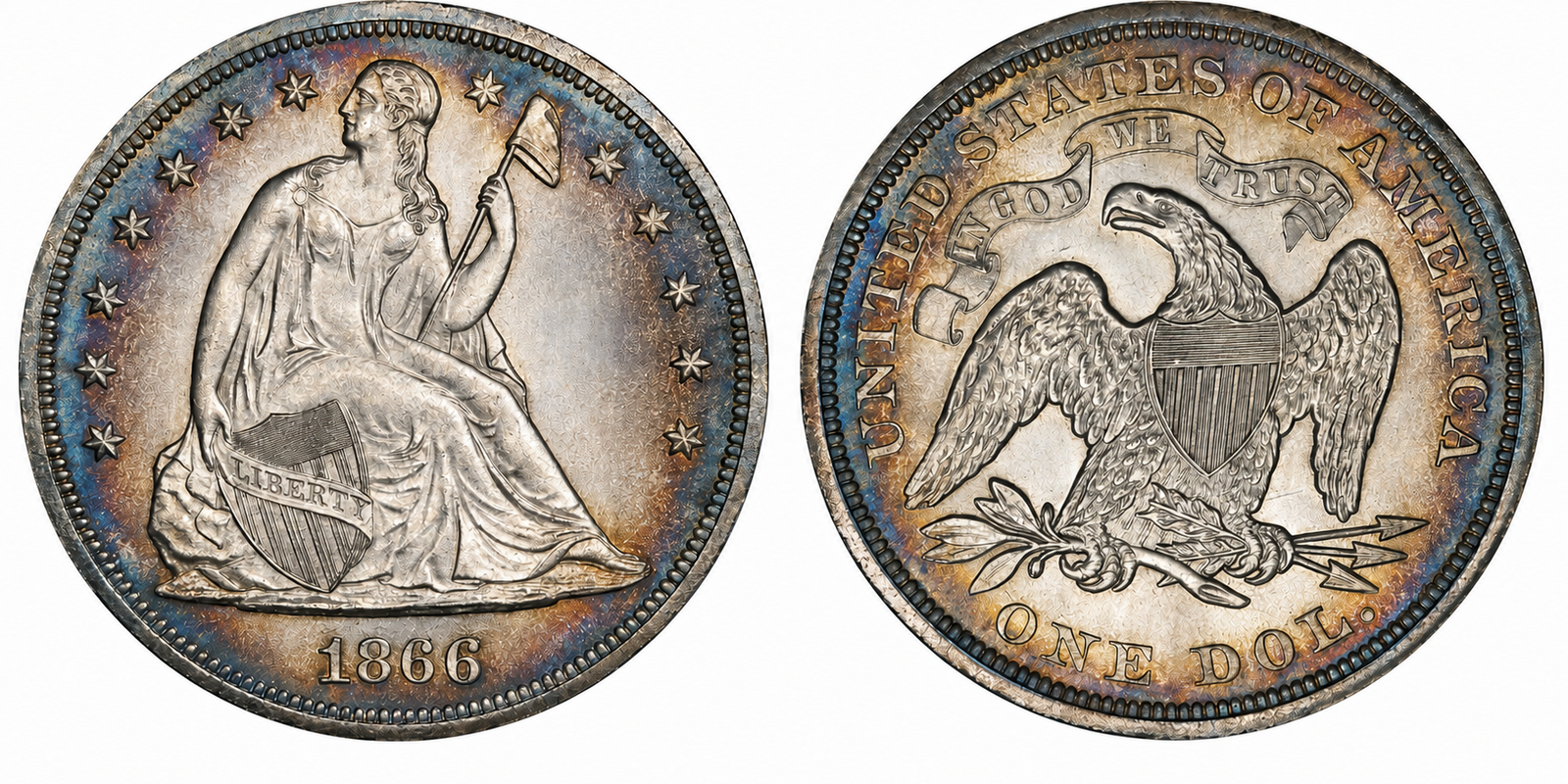 1866 Liberty Seated Silver Dollar with In God We Trust motto obverse and reverse