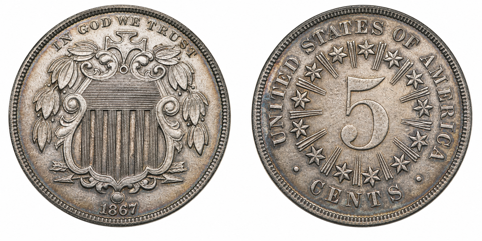 Toned 1867 Shield nickel with stars and rays around the reverse, obverse left and reverse right