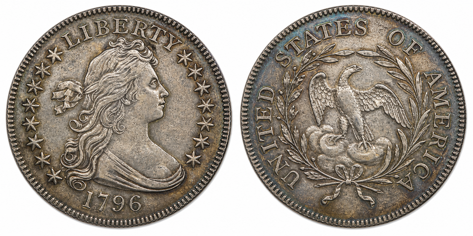 Toned 1796 Draped Bust quarter with Small Eagle reverse, obverse left and reverse right