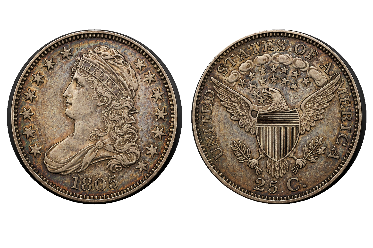 1805 Draped Bust quarter with Heraldic Eagle reverse, obverse and reverse, on a white background