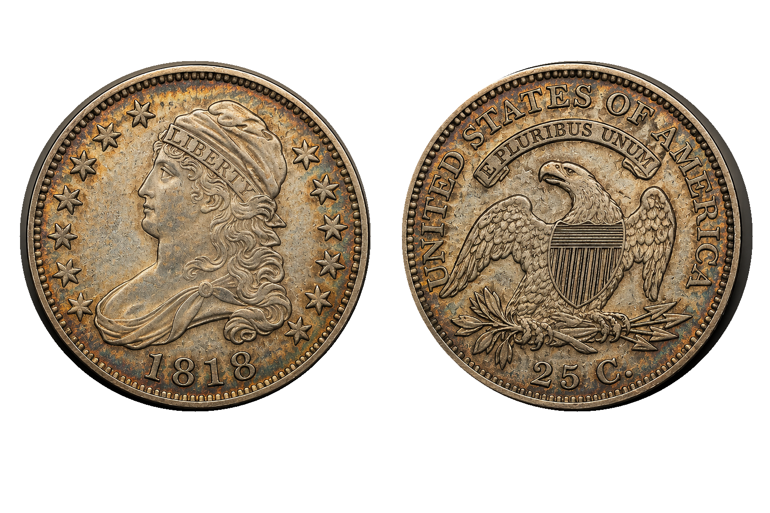 1818 Capped Bust quarter Large Size type, obverse and reverse, on a white background