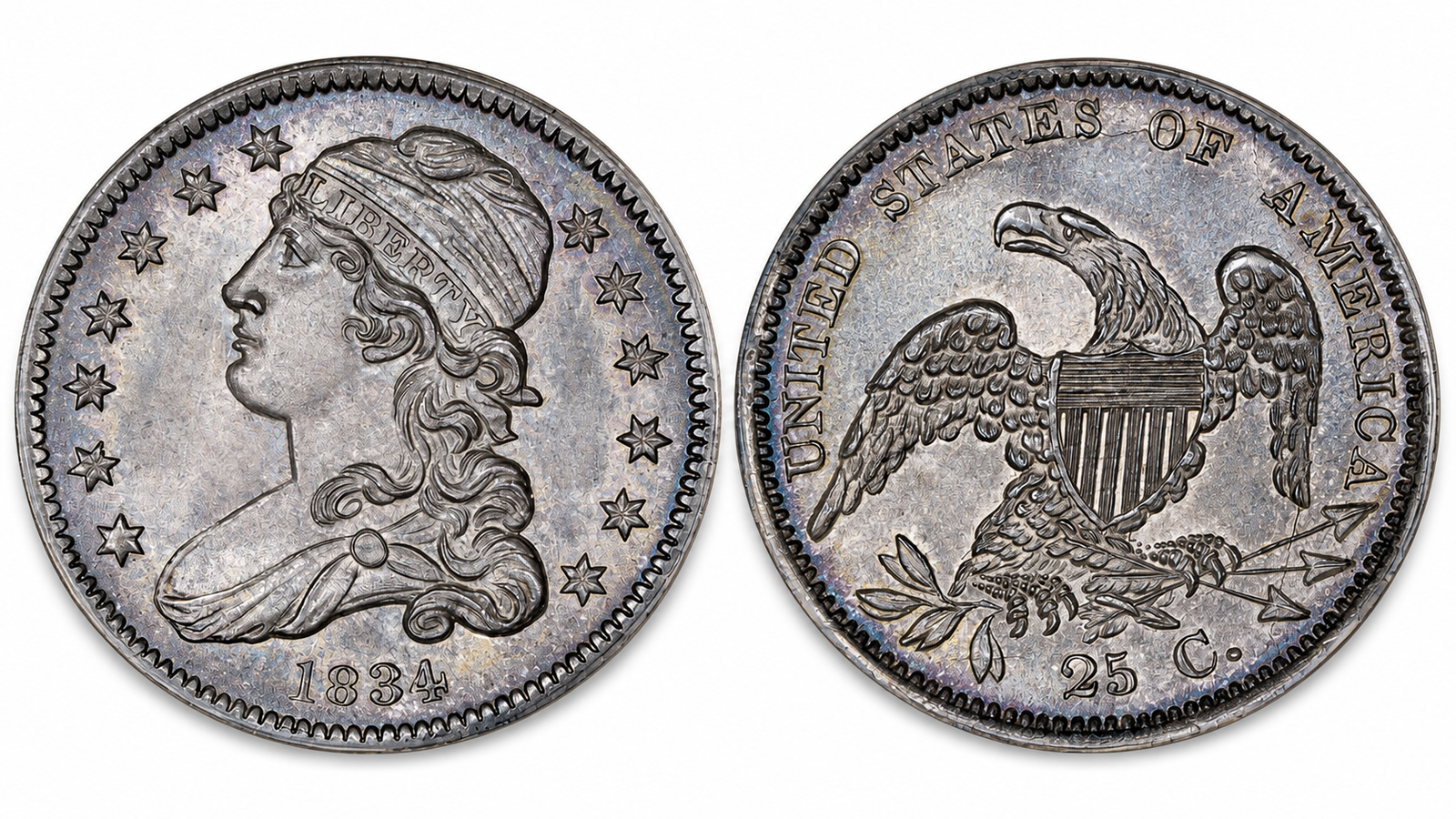 Toned 1834 Capped Bust quarter small-size type with obverse and reverse shown side by side on white