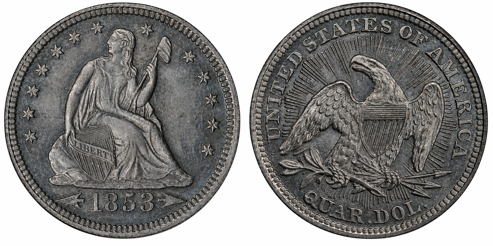 1853 Liberty Seated quarter with arrows at the date and rays on the reverse