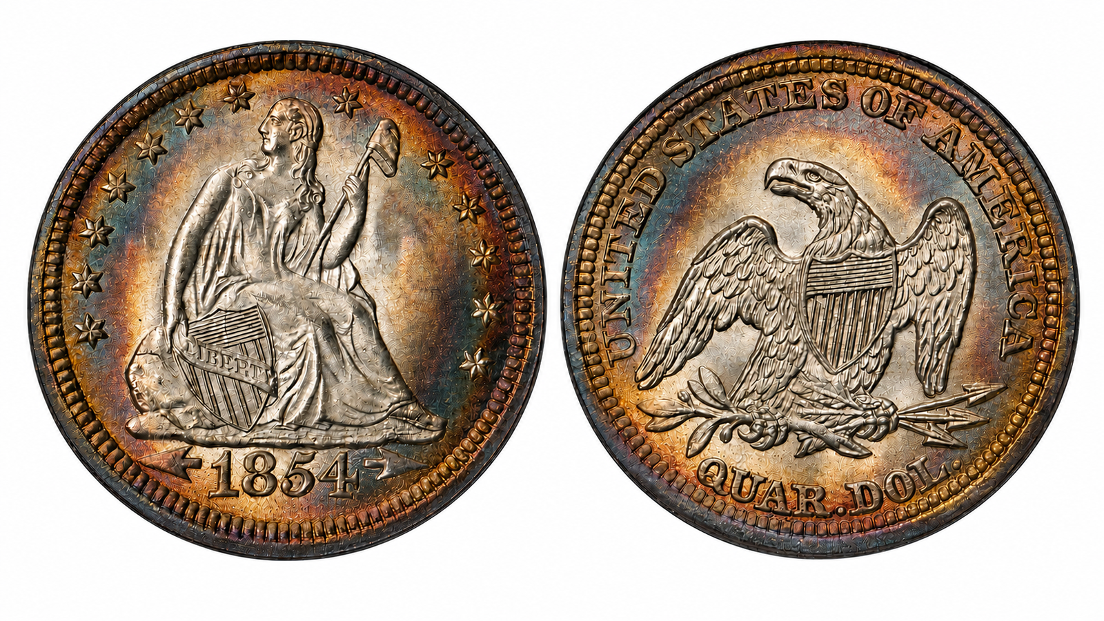 1854 Liberty Seated quarter with arrows at the date and no rays on the reverse