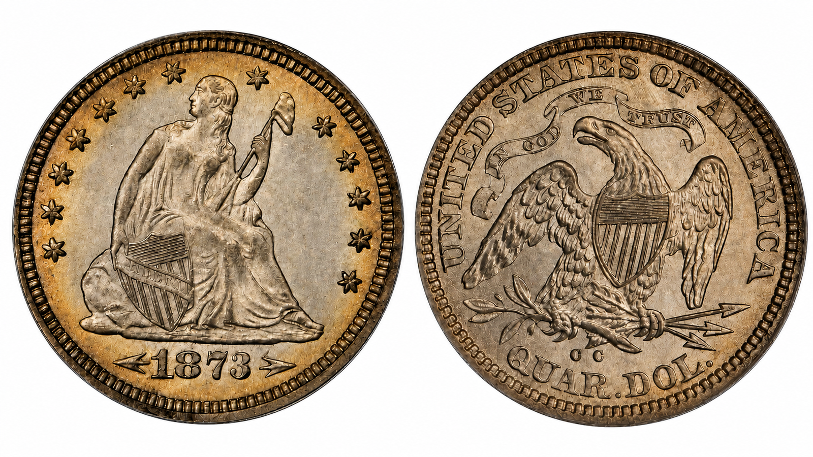1873 Liberty Seated quarter with arrows at the date and IN GOD WE TRUST motto
