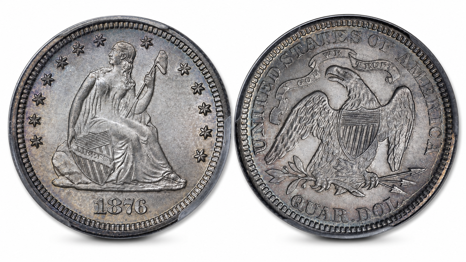 Toned 1876 Liberty Seated quarter with obverse and In God We Trust motto reverse shown side by side