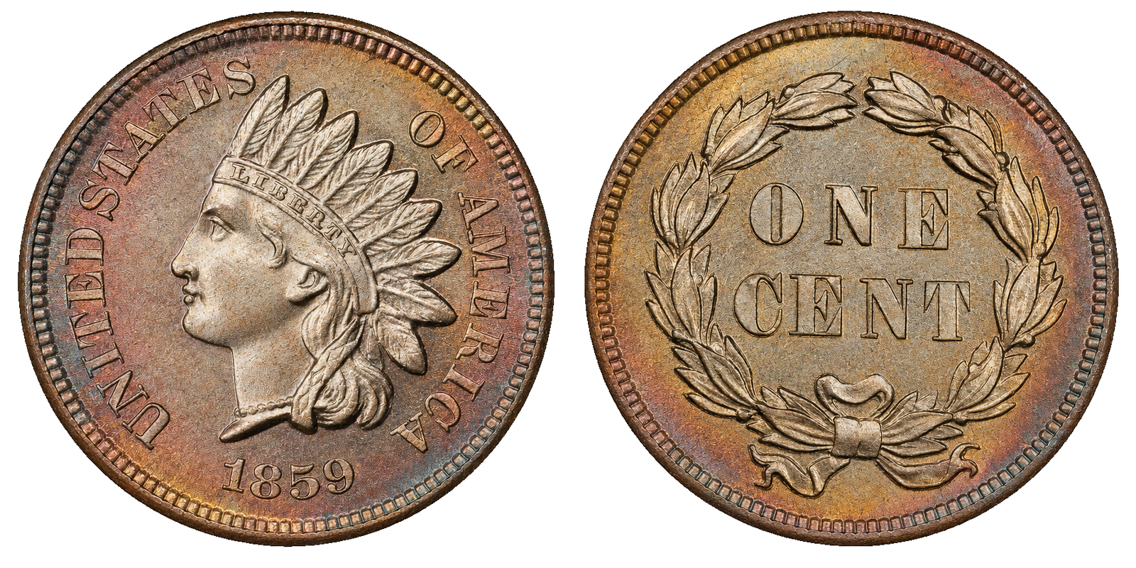 1859 Indian Head small cent with Laurel Wreath reverse, obverse and reverse, on a white background