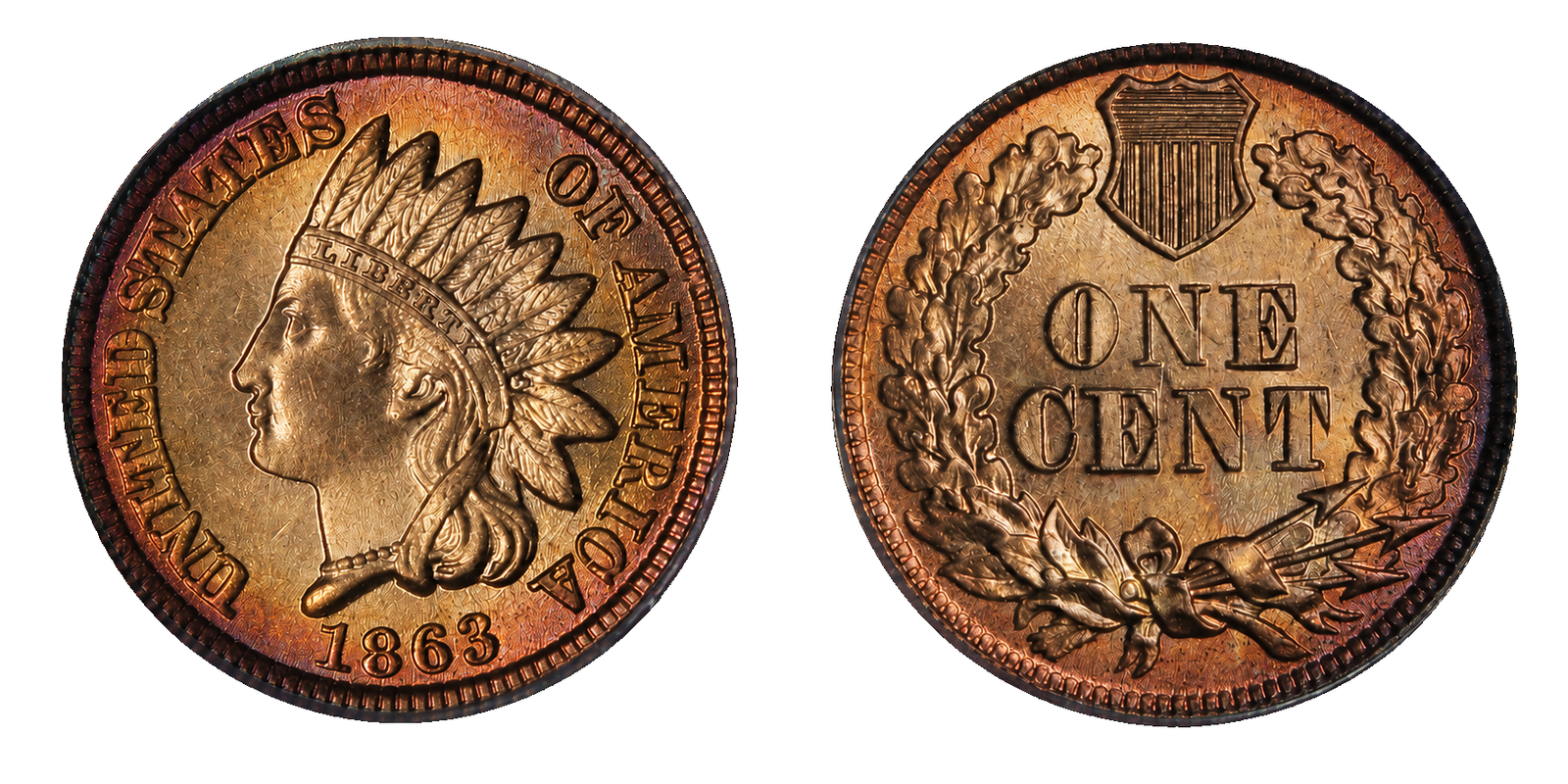 1863 Indian Head copper-nickel small cent with Oak Wreath and Shield reverse, obverse and reverse, on a white background
