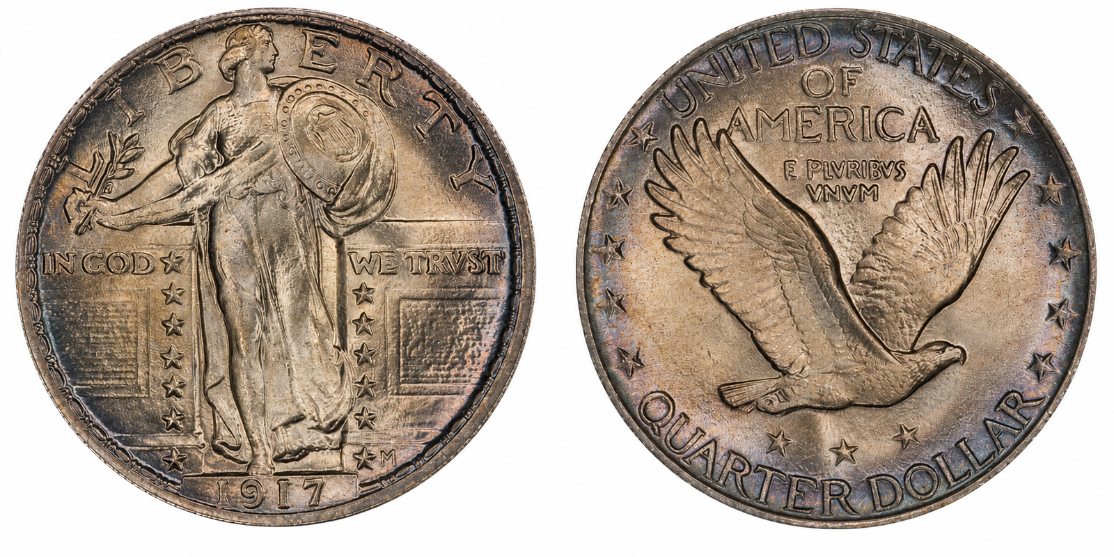 1917 Standing Liberty Quarter Type 2 with three reverse stars, toned obverse and reverse