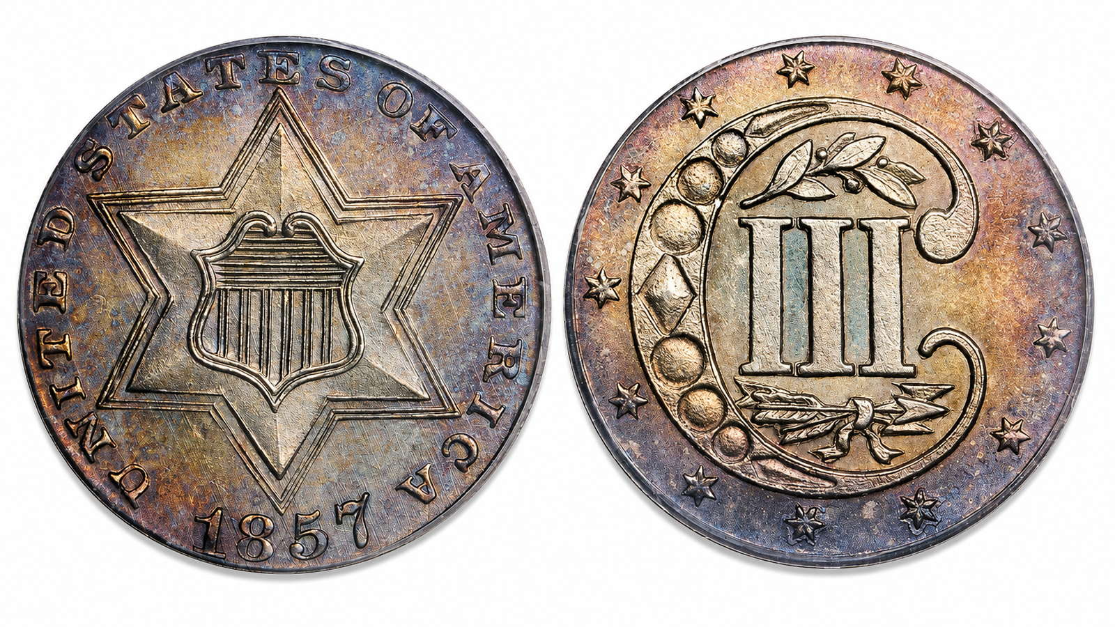 1857 Silver three-cent piece Type 2 with three lines bordering the star, obverse and reverse, on a white background