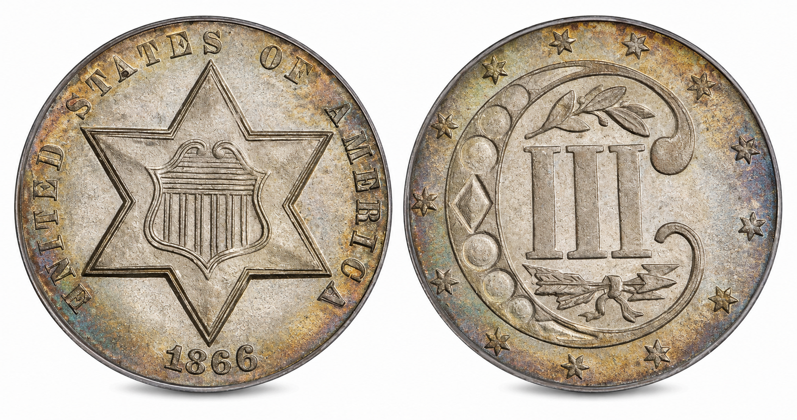 1866 Silver three-cent piece Type 3, obverse and reverse, on a white background