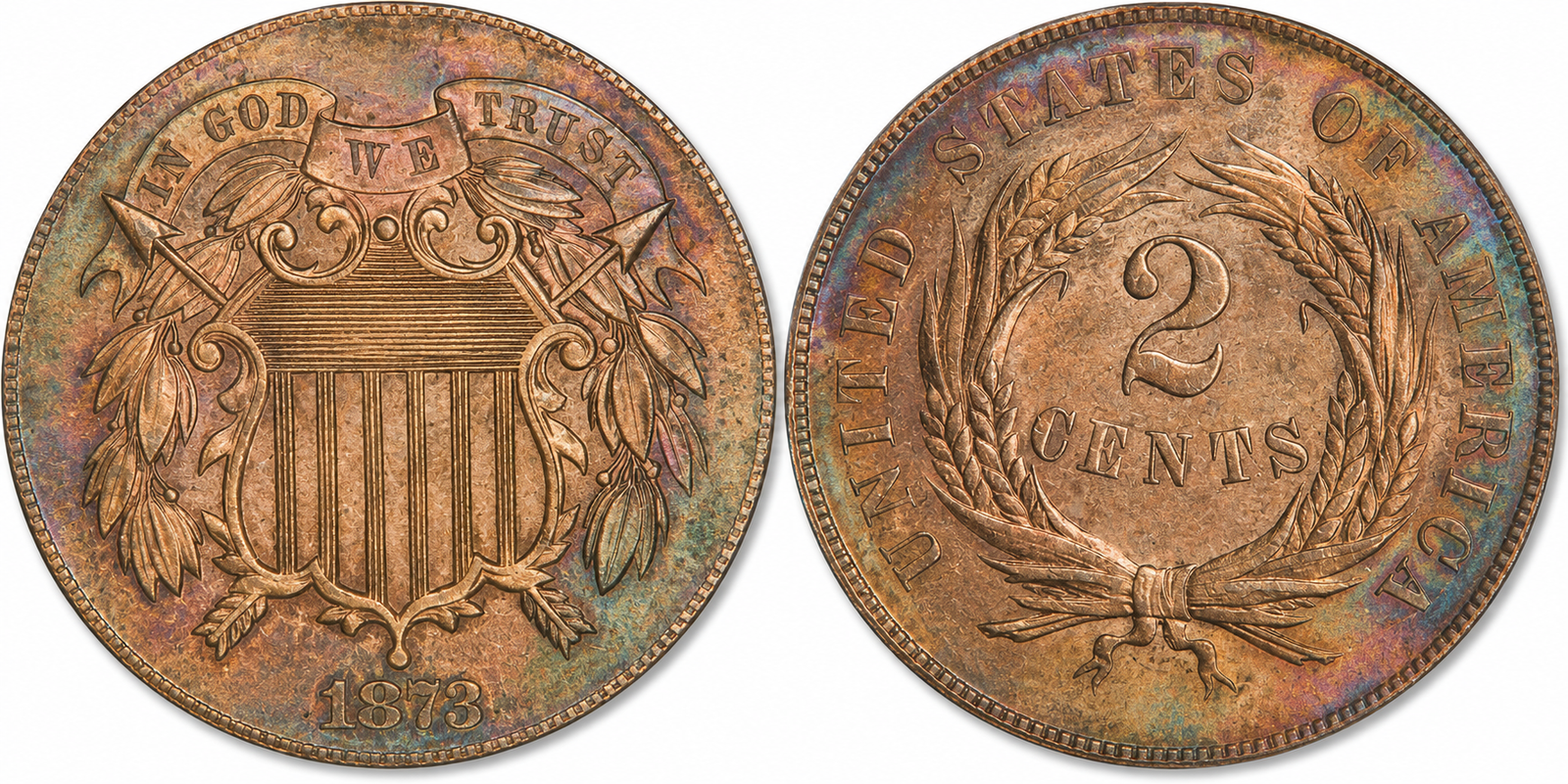 1873 Shield two-cent piece, obverse and reverse, on a white background